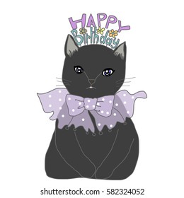 Cute black kitten with Happy Birthday headpiece and sheer ribbon bow collar. Greeting card for cat lover.