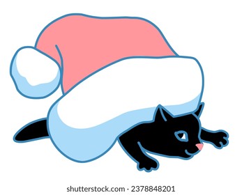 Cute black kitten is hiding under a red Christmas hat. Design for New Year, Christmas card or poster.