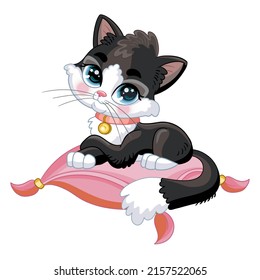 Un gatito negro lindo sobre una almohada. Caricatura. Ilustración aislada del vector. Diseño infantil. Para impresión y diseño, afiches, tarjetas, pegatinas, decoración, ropa infantil, ducha de bebé e invitación