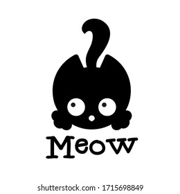 Cute black kitten with "meow" written on it. In a simplified style. For design, postcards, covers, t-shirt prints, and more. Vector image isolated on a white background.