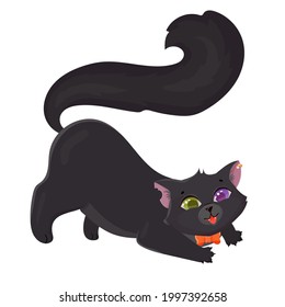 Cute black kitten with an orange bow. Mystical animal for Halloween. Heterochromia. Vector illustration isolated on white background.