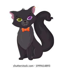 Cute black kitten with an orange bow. Mystical animal for Halloween. Heterochromia. Vector illustration isolated on white background.