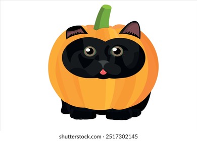 Cute black kitten in a pumpkin flat icon. Vector illustration isolated on white background.