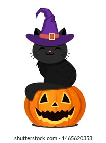 A cute black kitten in a purple witch hat is sitting on an orange Halloween pumpkin. flat vector illustration isolated on white background