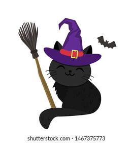 A cute black kitten in a purple witch hat sits next to a witch's broom and a bat. Halloween concept. flat vector illustration on white background