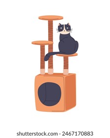 Cute black kitten sits on the top of cat tree. Furniture for domestic animals. Pet home with posts for scratching, climbing. Kitty playground. Flat isolated vector illustration on white background