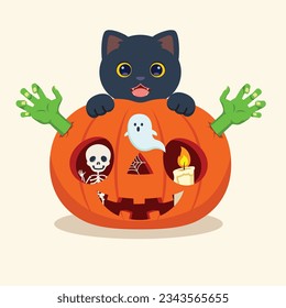 Cute black kitten sitting on Halloween zombie pumpkin. with skeletons and candles inside vector illustration