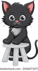 Cute black kitten sitting on a white stool.