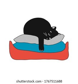 Cute black kitten sleeping on pillows. vector illustration in cartoon style.