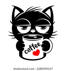 Cute black kitten throwing coffee cup off table. Funny cat breaking things comic illustration, cartoon vector drawing.