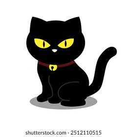 Cute black kitten wearing bell pet collar mascot character vector design illustration with simple art style perfect for pet or cat adopt and Halloween business logo template idea