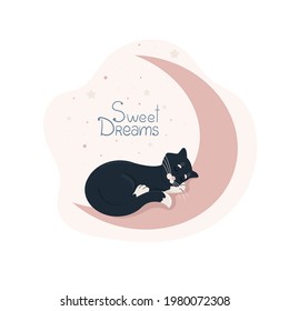 Cute black kitten with white paws and white tail tip curled up and sleeping on the moon, pets for baby posters and various goods, vector illustration in flat style.