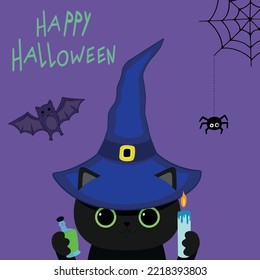 Cute black kitten in a witch hat with potion and candle in hands. Purple background with a spider on web and a bat. Hand drawn elements. Happy Halloween. Vector illustration
