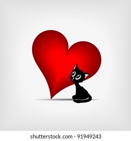 Cute black kitty with  big red heart on gray background - vector illustration