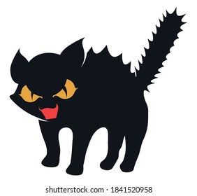 Cute black kitty with bristly fur, frightened and with threatened posture, isolated over white background.