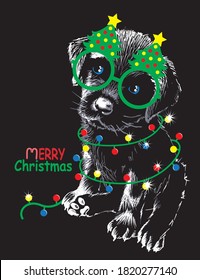 Cute black Labrador puppy in glasses with Christmas tree and lights on black background. Hand drawn vector illustration.