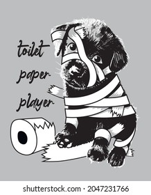 Cute black Labrador puppy playing with toilet paper. Vector illustration.