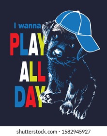 cute black Labrador puppy i wanna play all day on black background vector illustration