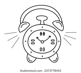 Reloj de alarma de línea negra, temporizador de mesa redonda, doodle monocromo, ilustración de caricatura vectorial