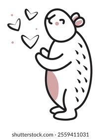 Cute black line capybara plays with hearts, vector doodle of trendy kawaii character, big friendly rodent for a postcard, coloring page, fabric prints, etc.