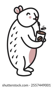 Cute black line capybara vector doodle, trendy kawaii character with a cup of mocha mousse, big friendly rodent for a postcard, coloring page, fabric prints, etc.