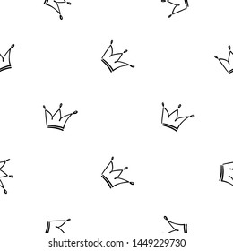 Cute black line crown seamless pattern. Simple doodle hand drawn art. Vector linear design on white background.