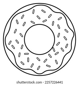 Cute Black Line Donut Icon Logo with Sprinkles for Kids Drawing, Coloring, Painting, Print and Sticker Isolated on White Background