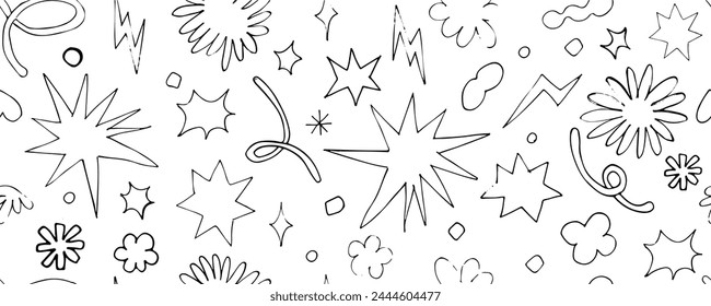 Lindo patrón sin fisuras de garabato de línea negra. Doodle flor, flecha, estrella, brillo símbolo de decoración conjunto icono. Enfoque de estilo de línea de boceto simple, atención, Elementos de patrón. Ilustración vectorial.