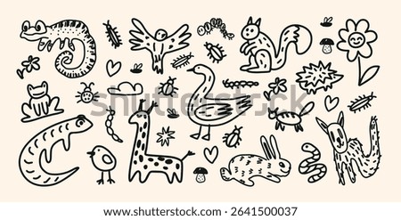 Cute black line doodles of lizard, bird, cat, rabbit, dog, chameleon, frog, giraffe, flower, mushroom, insect, caterpillar, cloud. Flat seamless hand drawn vector illustration for kids.