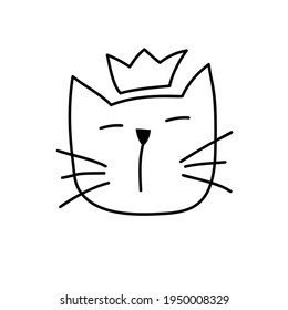 Cute black line face of Scandinavian cat. Hand drawn illustration of a flat. Design element of t-shirt, home textiles, wrapping paper, children textiles.