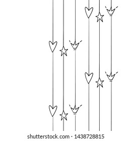 Cute black line seamless pattern with hanging on a string symbols. Simple doodle hand drawn art. Vector linear design on white background.