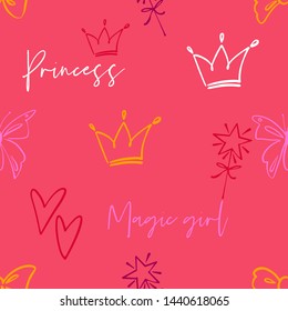 Cute black line seamless pattern with crown, magic girl text, princess, simple flower, bow, butterfly, magic wand, line heart. Simple doodle hand drawn art. Vector linear design on white background.