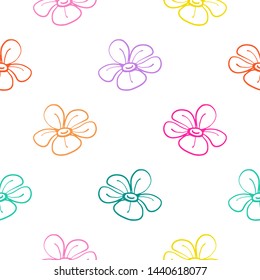 Cute black line seamless pattern with simple flower. Simple doodle hand drawn art. Vector linear design on white background.