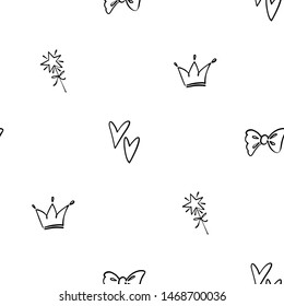 Cute black line seamless pattern with crown, bow, magic wand, line heart. Simple doodle hand drawn art. Vector linear design on white background.