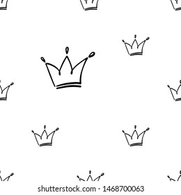 Cute black line seamless pattern with crown. Simple doodle hand drawn art. Vector linear design on white background.