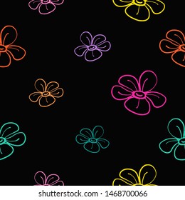 Cute black line seamless pattern with simple flower. Simple doodle hand drawn art. Vector linear design on white background.