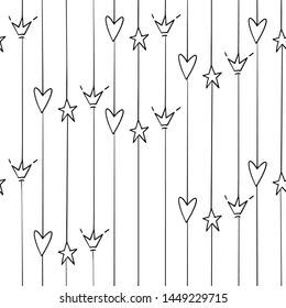 Cute black line vertical stripes seamless pattern with heart star crown symbols. Simple doodle hand drawn art. Vector linear design on white background.