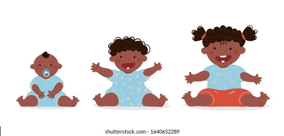 Cute black little girl. Baby growth periods, newborn, toddler. Flat cartoon vector afro character isolated on white background