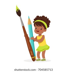 Cute black little girl holding giant light blue pencil and paintbrush cartoon vector Illustration