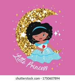 Cute black little princess on the moon. Girlish vector illustration in cartoon style. Use for childish surface designs, print, card, fashion kids wear, textile, baby shower