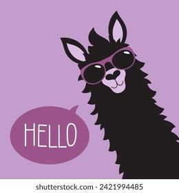 cute black llama in sunglasses on purple background, cartoon alpaca say hello, vector illustration of funny animal, flat style