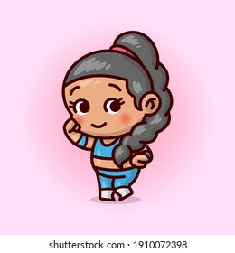 CUTE BLACK LONG HAIR FEMALE WRESTLER IN BLUE OUTFIT SMILING.
