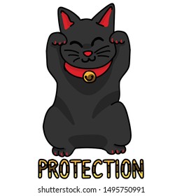 Cute black lucky cat vector. Hand drawn maneki neko Asian cultural clipart. 