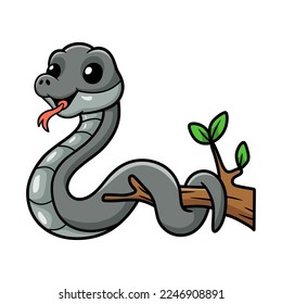 Cute black mamba snake cartoon on tree branch