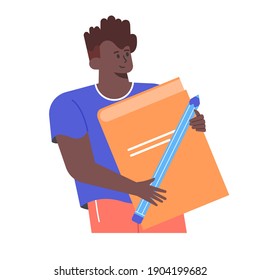 Cute black man character with book and pencil. Student. Vector flat illustration.