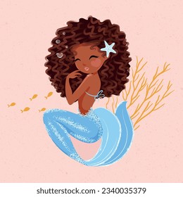 Cute black mermaid illustration, vector for kids prints, wallpapers, greeting cards.