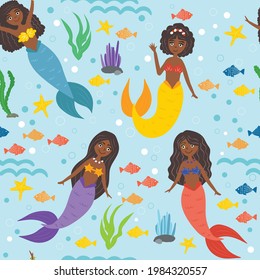 cute black mermaids. Long hair, African-American girls. Sea, waves, starfish, fish, algae, bubbles. Sea pattern for children. Seamless pattern, vector illustration.