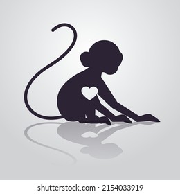 cute black monkey silhouette with white heart cartoon animal isolated full length