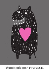 Cute Black Monster with Big Pink Heart Isolated on a Dark Gray Background. Funny Halloween Vector Illustration with Lovely Hand Drawn Devil for Card, Wall Art, Poster, Printing. Sweet Monster in Love.
