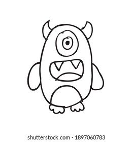 Cute black monster with emotions on black and white background. cartoon illustration.